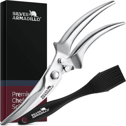 Heavy Duty Poultry Shears - Professional Stainless Steel Kitchen Scissors for Bone, Chicken, Meat, Fish & Vegetables - Spring Loaded (Brown Wood Handles)
