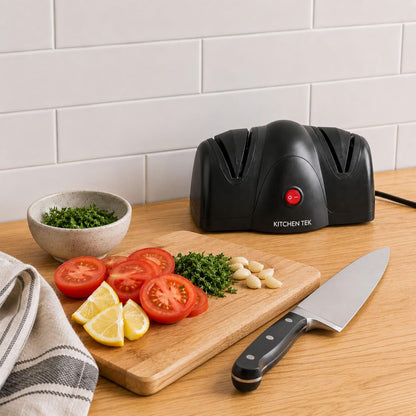 Restaurantware-Kitchen Tek 2-Stage Electric Knife Sharpener, 1 Straight-Edge Knife Sharpener With Diamond Grinding Wheel - 120 Voltage, Quick Sharpening, Gray Plastic, For Kitchen Knives