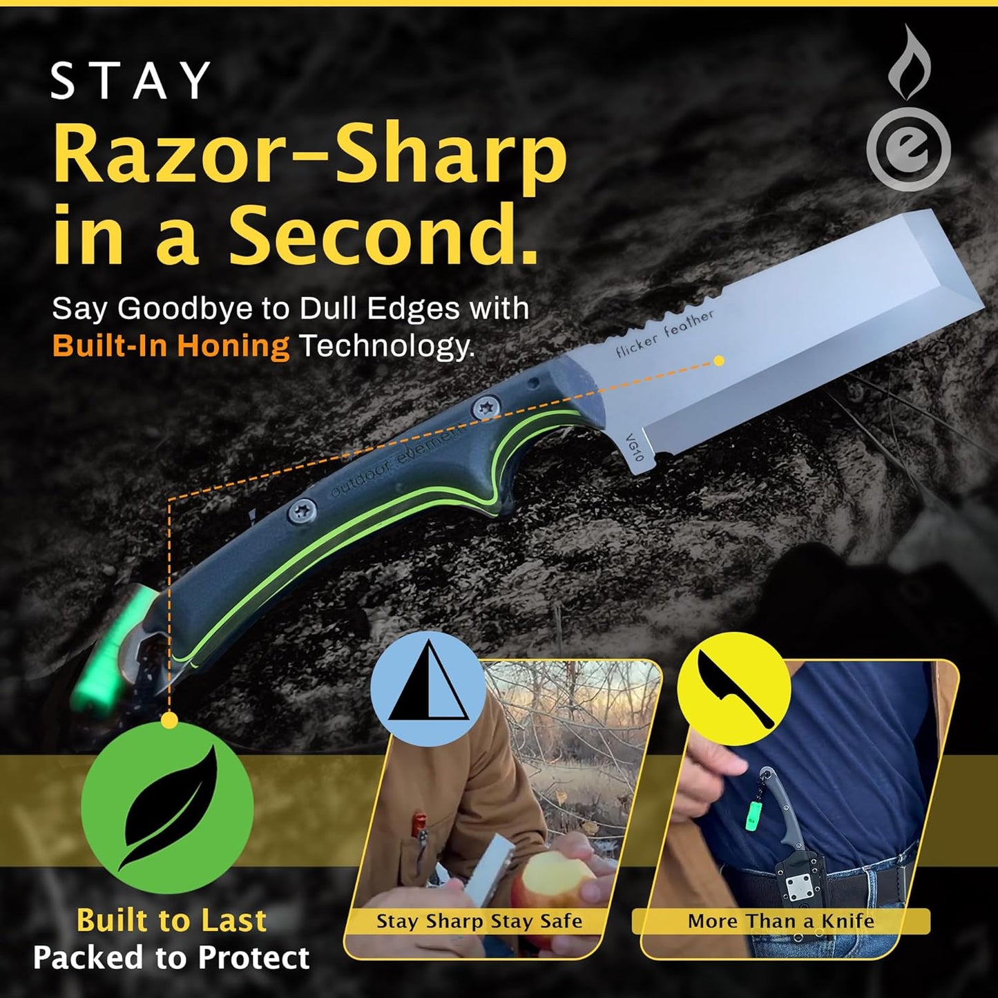 Scout Feather Glow - Fixed Blade Survival Knife with built-in Firestarter for Camping, Hunting, Outdoor Adventure and Culinary Need - VG10 Blade, Whistle, Knife Sharpener, Compact Sheath & G10 Handle