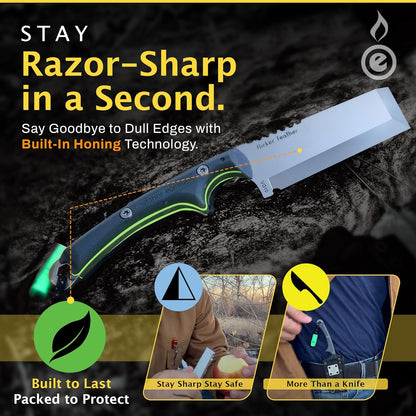 Scout Feather Glow - Fixed Blade Survival Knife with built-in Firestarter for Camping, Hunting, Outdoor Adventure and Culinary Need - VG10 Blade, Whistle, Knife Sharpener, Compact Sheath & G10 Handle