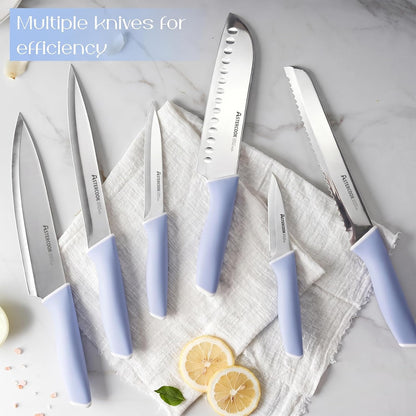 Astercook Knife Set, Kitchen Knives Set with Block and Sharpener 15 Pcs German Stainless Steel Knives Sharp Blade Dishwasher Safe Deba Knives with Ergonomic Handle, Crystal Pink
