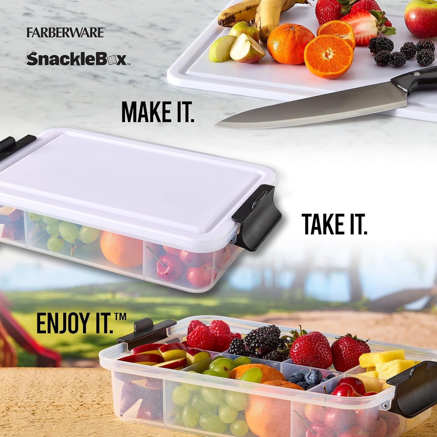 Farberware Build Snacklebox Serving Tray with Locking Bamboo Cutting Board Lid, Portable Storage Container with Compartments for Charcuterie, and More, Natural