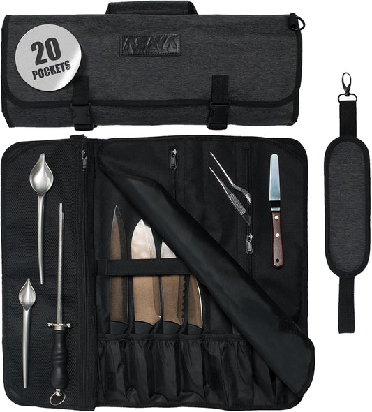 Asaya Waxed Nylon Chef Knife Roll Bag with 20 Slots and Zippered Pockets - Professional Chef Knife Bag & Storage Case, Tool Carrier with Shoulder Strap - Knives Not Included (Grey)