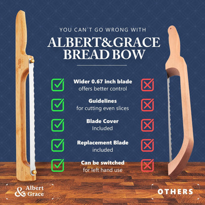 Albert&Grace Adjustable Bread Bow Knife - Sourdough Bread Slicer with Serrated Stainless Blade, Extra Replacement Blade & Sheath, Easy Thumb-Screw Swap, Right- or Left-Handed Use, Gift for Bakers