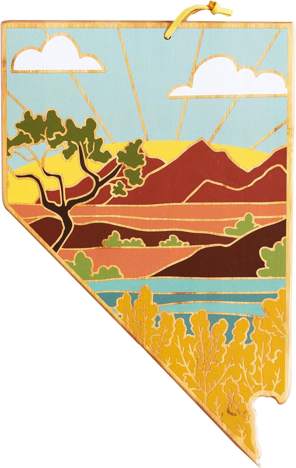 Totally Bamboo North Carolina State Shaped Cutting Board and Charcuterie Serving Platter with Artwork by Summer Stokes, Includes Hang Tie for Wall Display 18" x 8" x 5/8" - Colors A