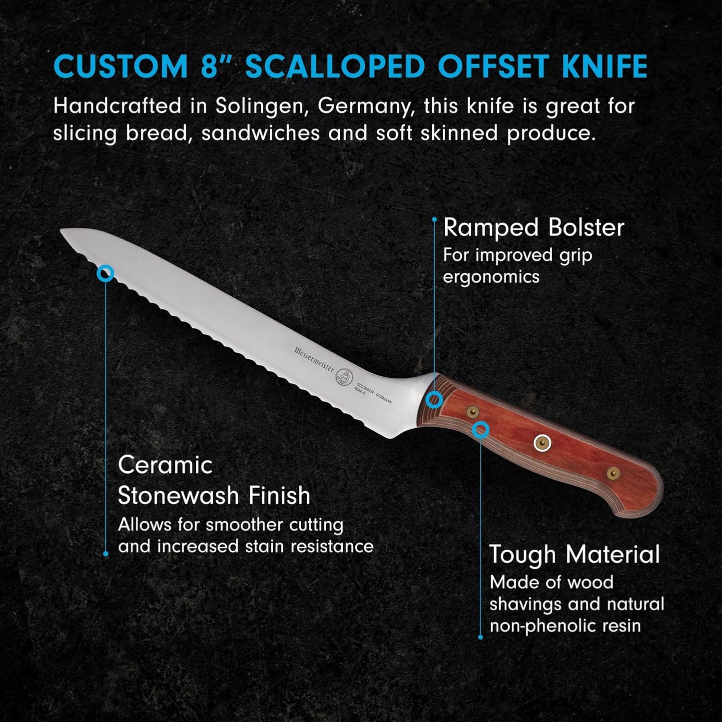 Messermeister Custom 8” Offset Scalloped Knife - X50 German Stainless Steel - Rust Resistant & Easy to Maintain - Made in Solingen, Germany