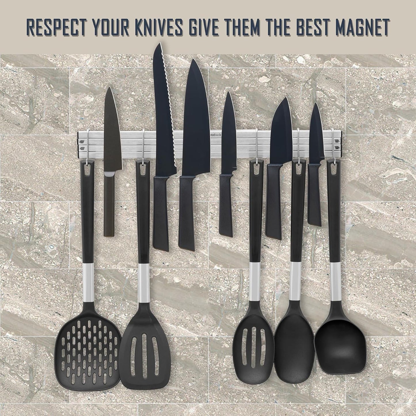 Magnetic Knife Holder for Wall 16 inch Extends up to 30 inches 4 Strip Neodymium Magnetic Rack with 10 Hooks for Kitchen Utensils Organize. No Drill. Tools Holder