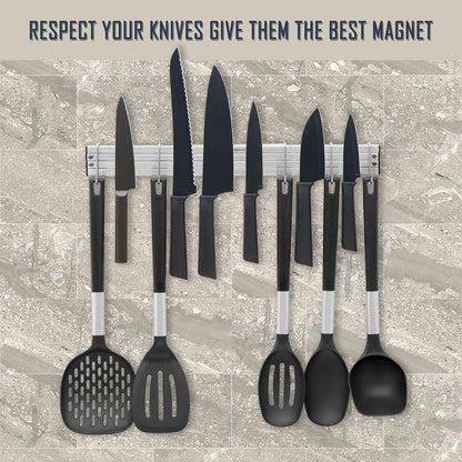Magnetic Knife Holder for Wall 16 inch Extends up to 30 inches 4 Strip Neodymium Magnetic Rack with 10 Hooks for Kitchen Utensils Organize. No Drill. Tools Holder