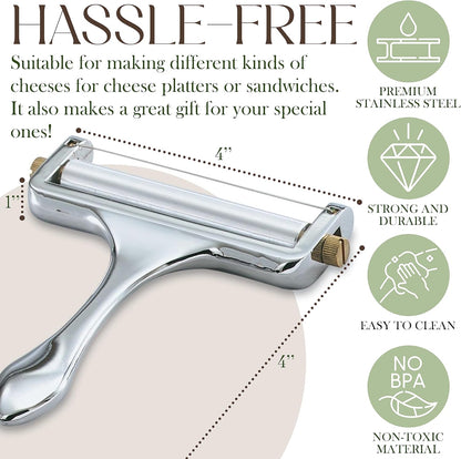 Bellemain Stainless Steel Wire Cheese Slicer with 2 Extra Wires – Handheld Cheese Cutter for Block Cheese, Adjustable Thick & Thin Slices for Cheddar, Gruyere, Raclette & Mozzarella (Silver)
