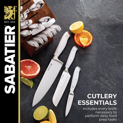 Sabatier 15-Piece Forged Triple Rivet Knife Block Set, High-Carbon Stainless Steel Kitchen Knives, Razor-Sharp Knife set with Acacia Wood Block, White Handles