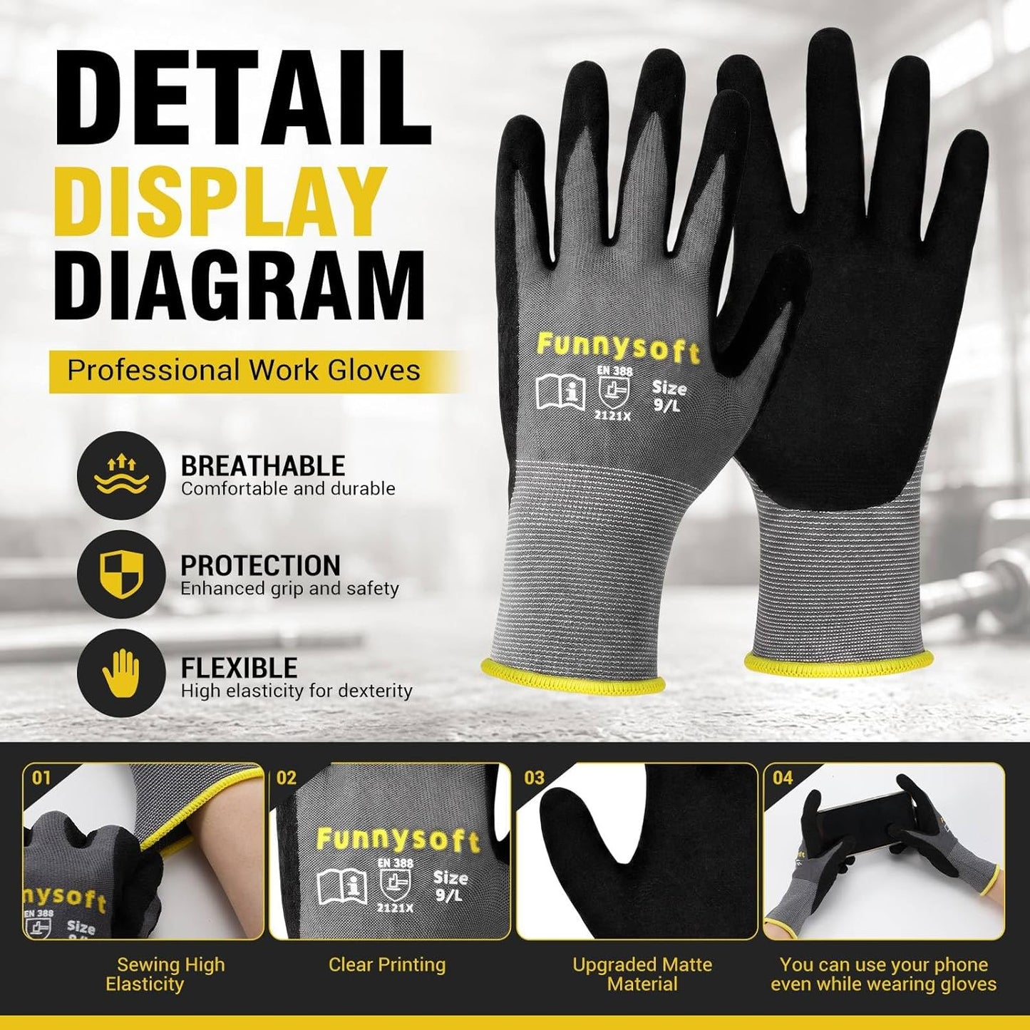 16 Pairs Work Gloves MicroFoam Nitrile Coated Seamless Knit Nylon, Palm & Fingers Cut-Resistant, Warehouse Gloves for Auto Garden Mechanics Outdoor Construction (Brown Cuff,XL)