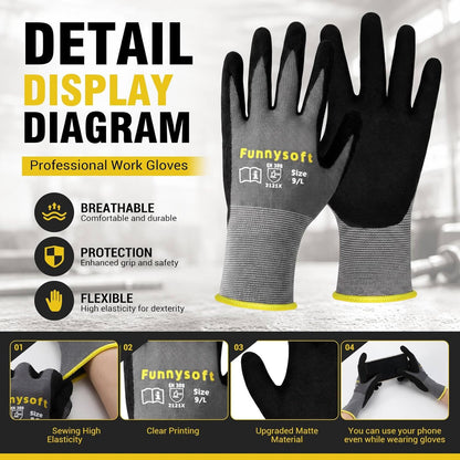 16 Pairs Work Gloves MicroFoam Nitrile Coated Seamless Knit Nylon, Palm & Fingers Cut-Resistant, Warehouse Gloves for Auto Garden Mechanics Outdoor Construction (Brown Cuff,XL)