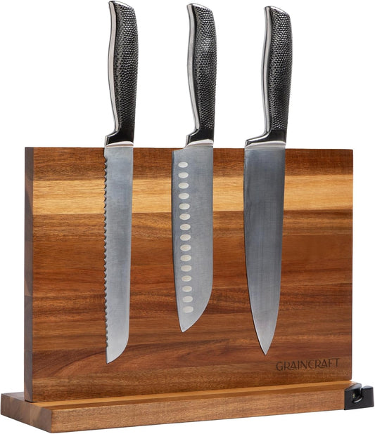 Magnetic Knife Block with Sharpener, Countertop Magnetic Knife Holder, 3X Double Sided Magnet Knife Stand, Non-Slip Base, Kitchen Knife Storage Organizer (Acacia)