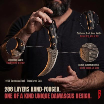 BIGCAT ROAR Predator Hunter - Patented Handmade Damascus Steel Fixed Blade Hunting Knife 10" - Walnut Wood Handle & Leather Sheath - Bushcraft Outdoor Skinning & Survival Knife - Collector Men Gifts