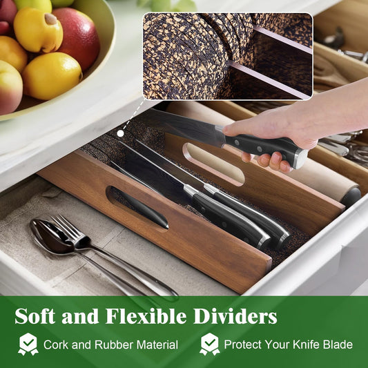 Enoking Knife Drawer Organizer Insert, In Drawer Knife Block, Acacia Wood Knife Holder with Cork Dividers For Kitchen Chef Steak Knife Storage Keep Drawer Tidy (Acacia Wood, 15 x 5.9 x 2.6 In)