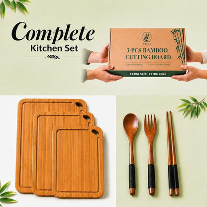 Greva 3 Piece Bamboo Cutting Board Set with Juice Grooves, Non-Slip Feet Built-in Handles, Deep Carbonized Wood for Meat Fruit and Cheese Includes 3-in-1 Wooden Cutlery Set