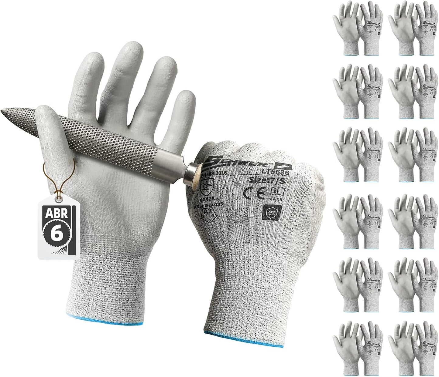 Schwer 6 Pairs ANSI A2 Cut Resistant Work Gloves with Certified Level 6 Ultra Abrasion Resistance, Safety Gloves with Grip for General Use, Construction, Gardening, Mechanic, 3D-Comfort, LT5636, L