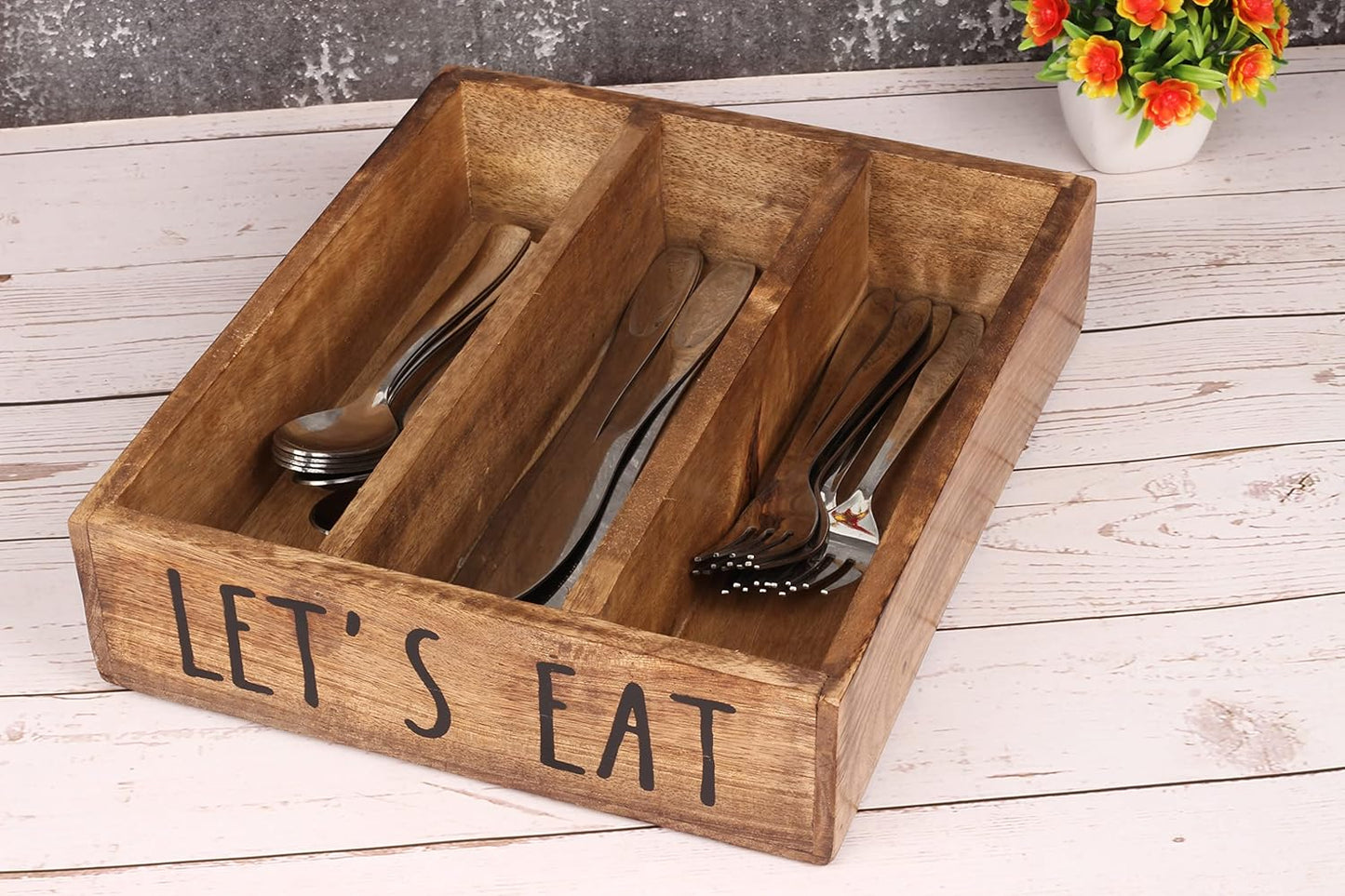 Wooden Kitchen Drawer Organizer Fir Wood Cutlery Silverware Tray Organizer with 3 Compartments, Decorative Utensil Holder for Flatware, Knives, Forks, Spoons