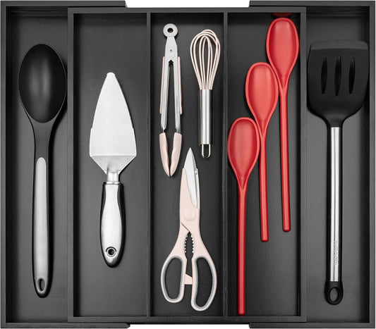 Purawood Kitchen Drawer Organizer with Knife Blocks - Utensil Drawer Organizer for Kitchen, Cutlery Tray & Silverware Organizer, 3-5 Slots - Bamboo Organizer for Utensils & Flatware (Natural)