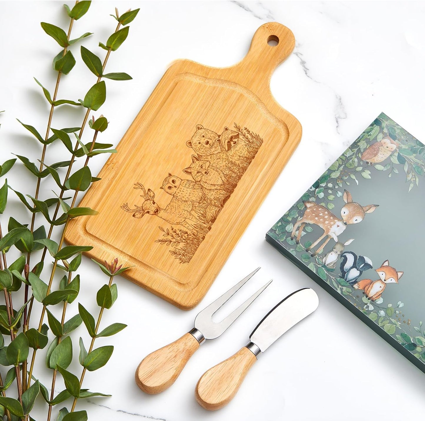 Nuenen 4 Set Bridal Baby Shower Party Favor Cheese Board Game Prizes Gifts Small Charcuterie Mini Cutting Board Set Wooden Square with Knives and Forks Box for Wedding Housewarming Guests