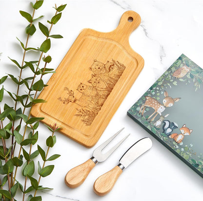 Nuenen 4 Set Bridal Baby Shower Party Favor Cheese Board Game Prizes Gifts Small Charcuterie Mini Cutting Board Set Wooden Square with Knives and Forks Box for Wedding Housewarming Guests