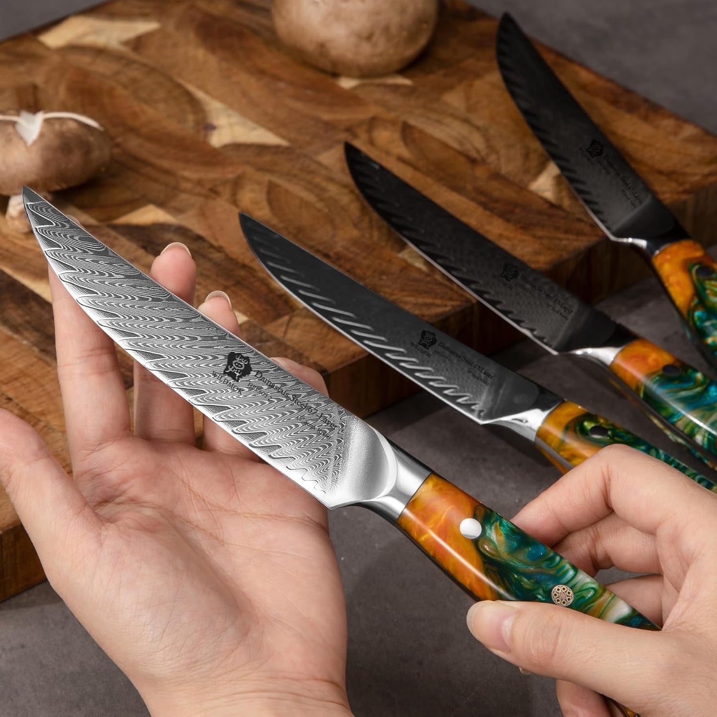 WILDMOK Steak Knife Set 4pc Full Tang 5 inch Forged Damascus Steel Dinner Knives Full Tang Ergonomic Beautiful Resin Handle