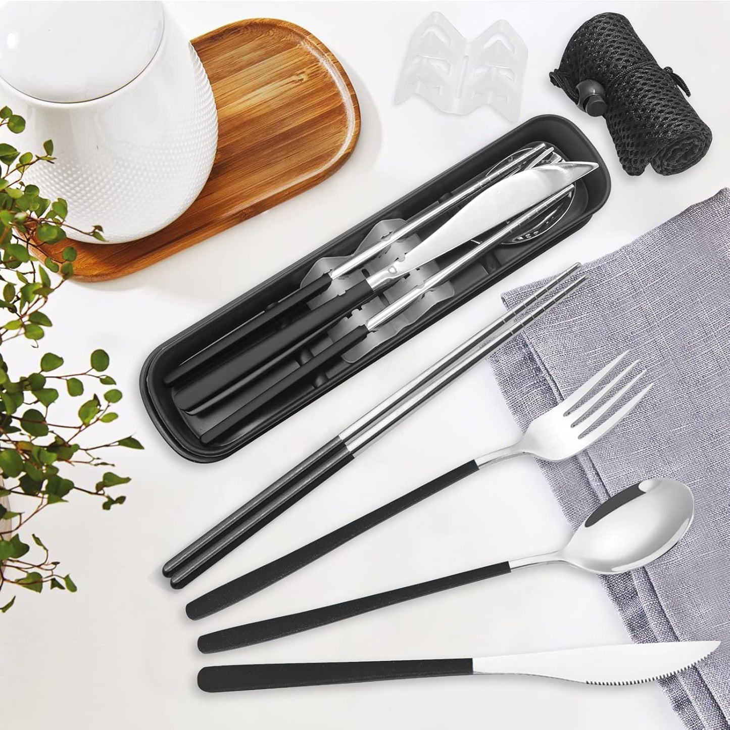 Black Portable Flatware Cutlery Set, TWUTGAYW Stainless Steel Travel Utensils with Case, Reusable Chopsticks Knife Spoons and Forks Set, Gold Camping Utensils Set for Lunch, Office, School, Picnic