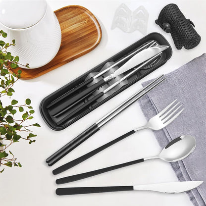 Black Portable Flatware Cutlery Set, TWUTGAYW Stainless Steel Travel Utensils with Case, Reusable Chopsticks Knife Spoons and Forks Set, Gold Camping Utensils Set for Lunch, Office, School, Picnic