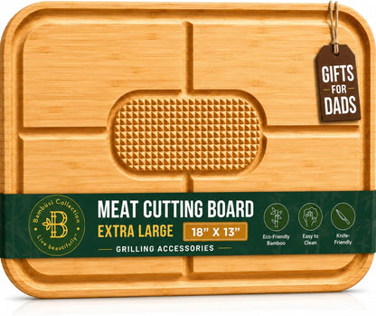 Meat Cutting Board - Extra Large Bamboo Carving Board, 18 x 13 Thick Butcher Block Cutting Board with Deep Juice Groove, Non Slip Center, Reversible Board for Steak, Brisket, Turkey, Grilling BBQ Prep