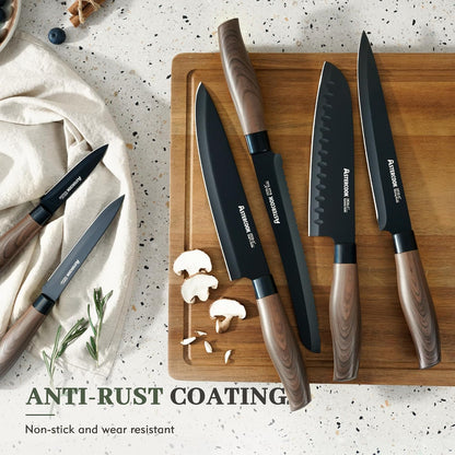 Astercook Knife Set, 13-Piece Kitchen Knives Set with 6 Blade Guards, Black Anti-Rust & Non-Stick Coating, Dishwasher Safe Stainless Steel Knives, Ergonomic Handle, Perfect for Holiday Gifts