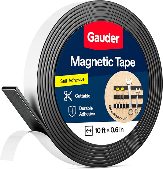 GAUDER Magnetic Tape Strong Self-Adhesive - Cut-to-Length Magnet Strip with High Magnetic Force - Heavy-Duty Adhesive Magnet Tape (10 ft x 0.8 in)