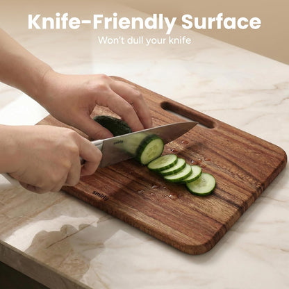 SMIRLY Wooden Cutting Boards for Kitchen, Double-Sided Cutting Board with Handle, Heavy Duty Solid Acacia Wood Cutting Board Set with Stand, 3 Pcs Cutting Boards Non Toxic for Meat Vegetable Fruit