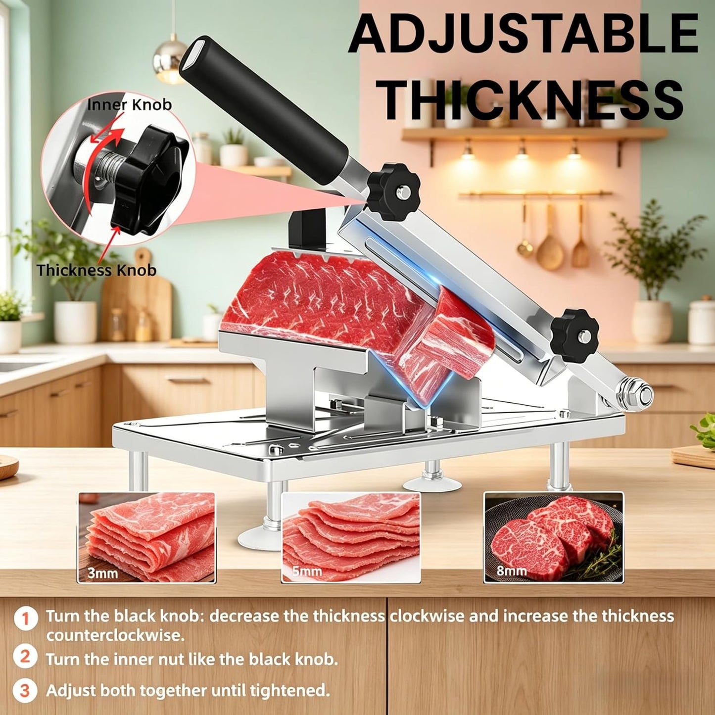 Manual Frozen Meat Slicer, Upgraded Stainless Steel Meat Cutter for Beef Mutton Bacon Home Food Slicing Machine for Hot Pot BBQ sandwiches pizza