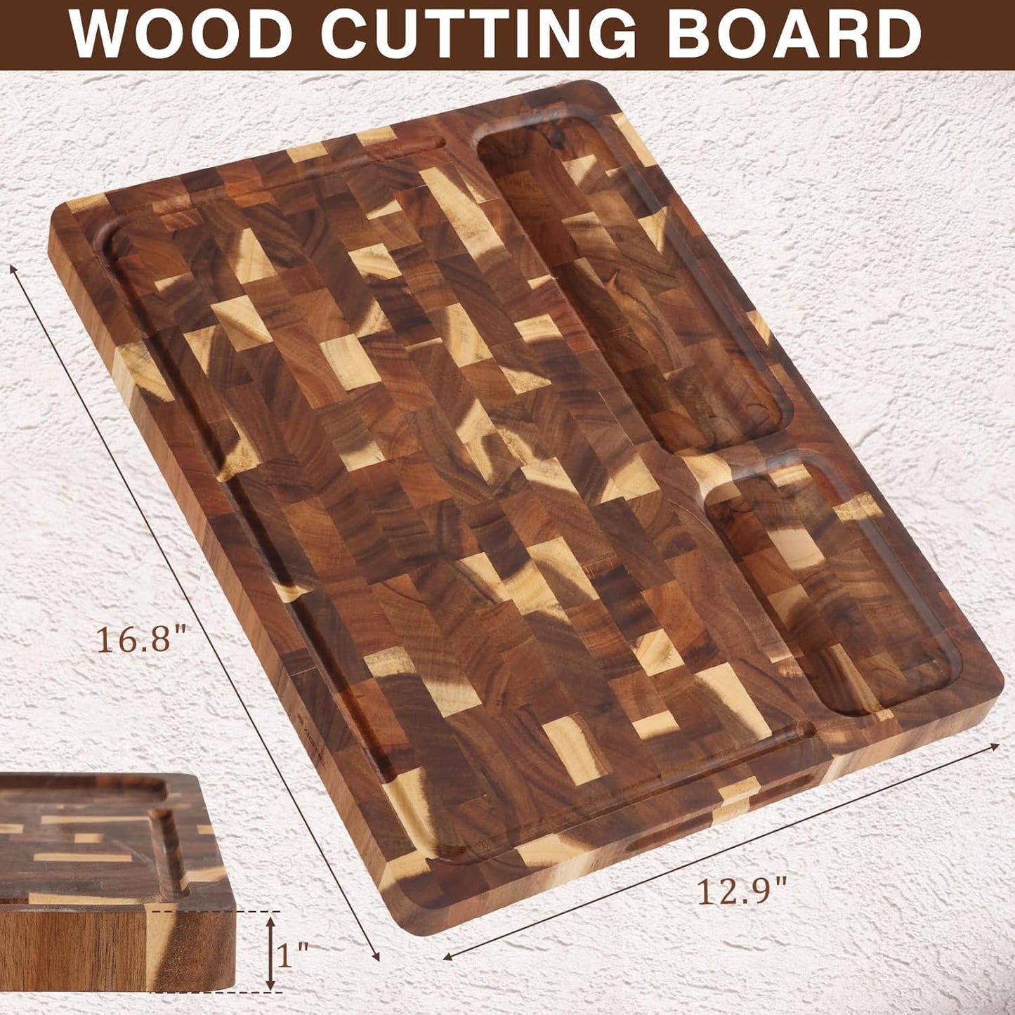End Grain Cutting Board Double Sided, Walnut Wood Cutting Boards Butcher Block for Kitchen, Wooden Chopping Board with Deep Juice Groove, Handles, Stands & Mineral Oil Kit, 16.8" x 12.9" x 1"