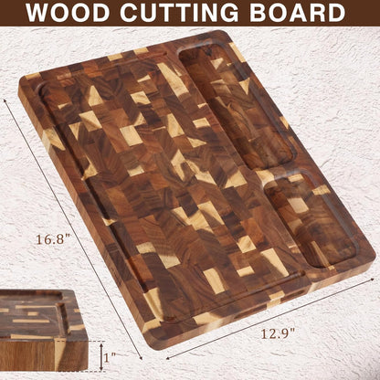 End Grain Cutting Board Double Sided, Walnut Wood Cutting Boards Butcher Block for Kitchen, Wooden Chopping Board with Deep Juice Groove, Handles, Stands & Mineral Oil Kit, 16.8" x 12.9" x 1"