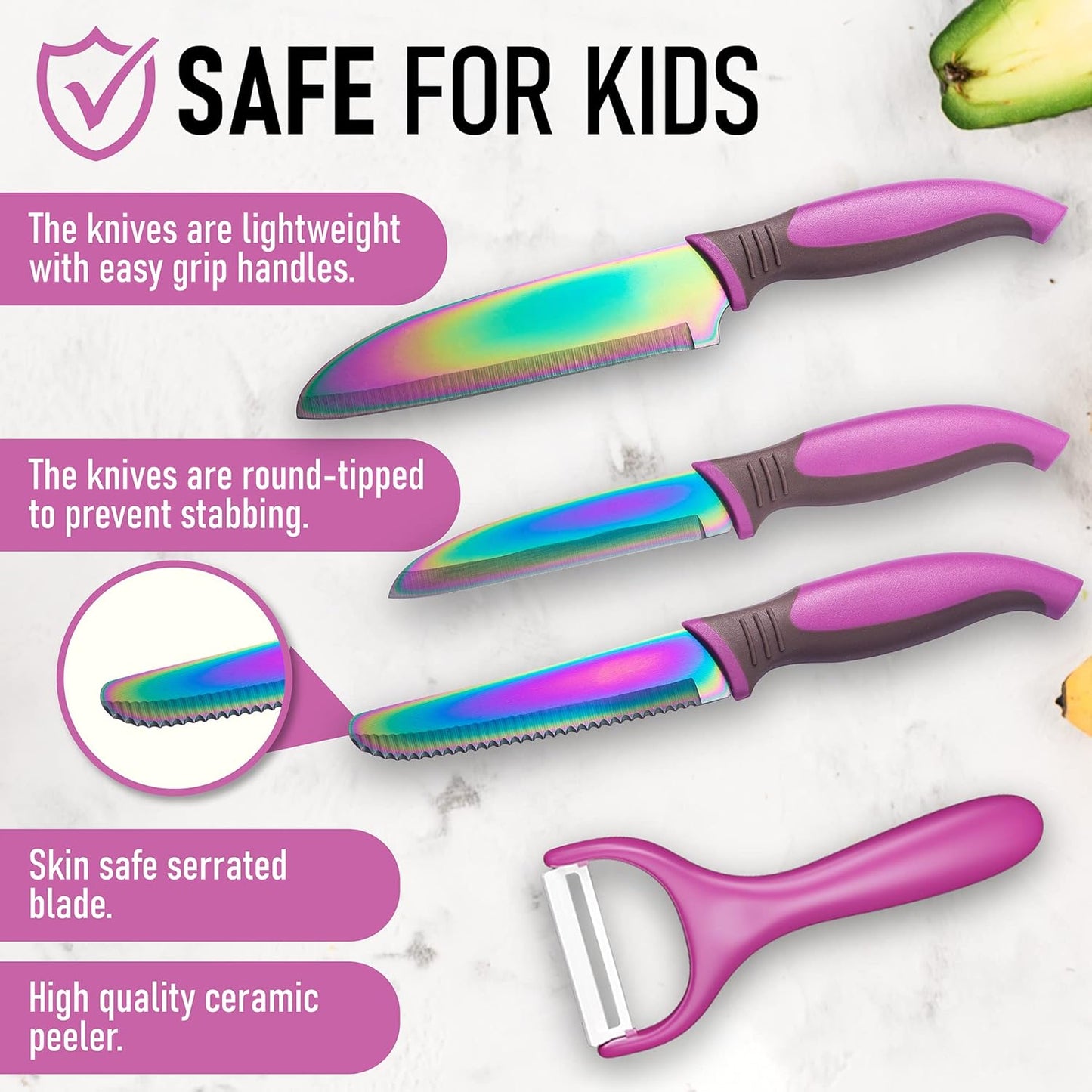 TruChef 5-Piece Kids Cooking Chef Knife Set | Real Stainless Steel Knives with Peeler, Serrated Knife & Holder | Kids Safe Rounded Tips, Easy-Grip Handles | Kitchen Knife Set (5 pcs, Aqua)