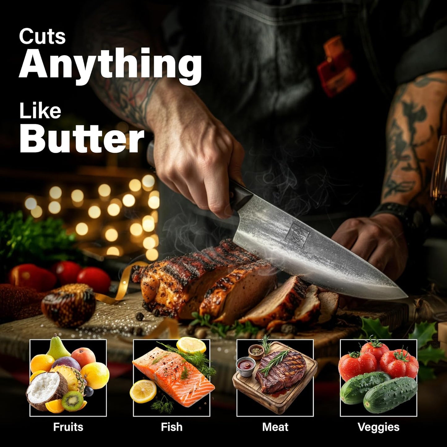 COOLINA Daozi 8" Butcher Knife, Hand-Forged High-Carbon Steel Cleaver for Heavy-Duty Meat Cutting, Slicing, Chopping, Brisket & BBQ, Full-Tang Forged Blade with Ergonomic Wood Handle