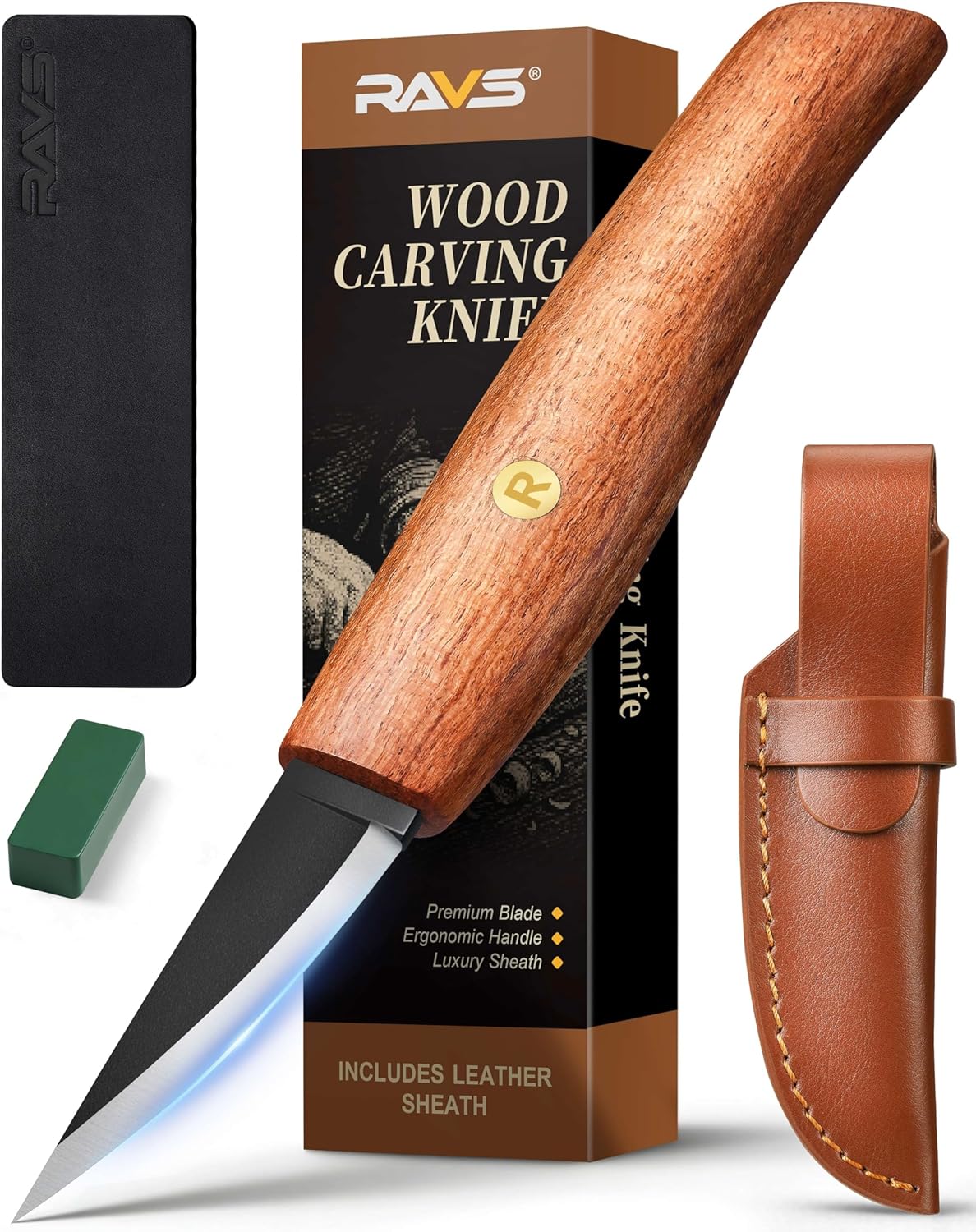 ravs Whittling Knife with High Carbon Steel Blade and Leather Sheath, Wood Carving Sloyd Knife with Titanium Coating Wide Bevel, Wood Carving Tools with Ergonomic Handle for Beginners & Professionals