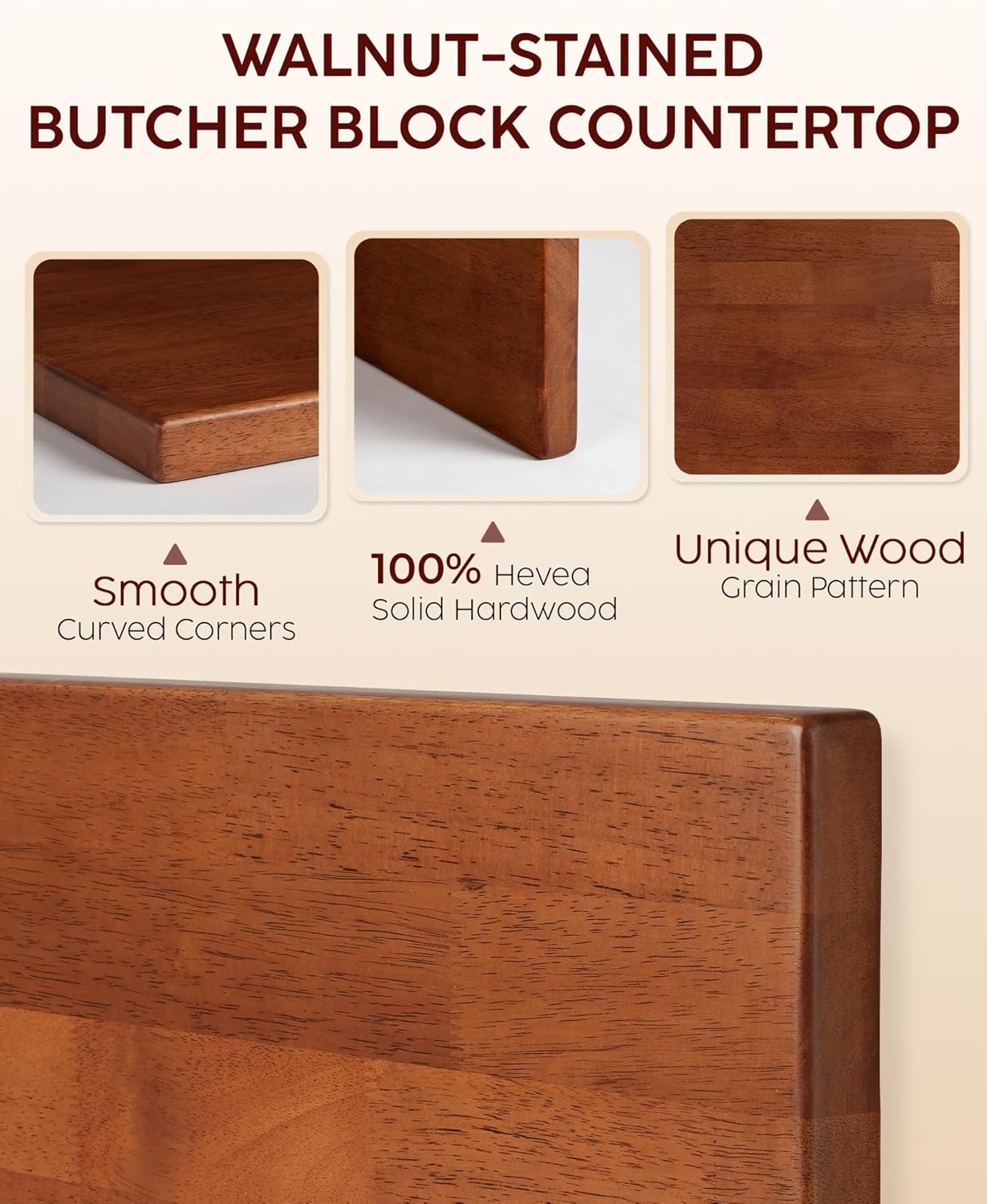 Hevea Butcher Block Countertop, 25"×24"×1.5" Solid Wood Butcher Block, Unfinished Wood Table Top DIY Cut for Kitchen Island, Cutting Board, Washer Dryer Countertop, Living and Dining Room Table 2ft