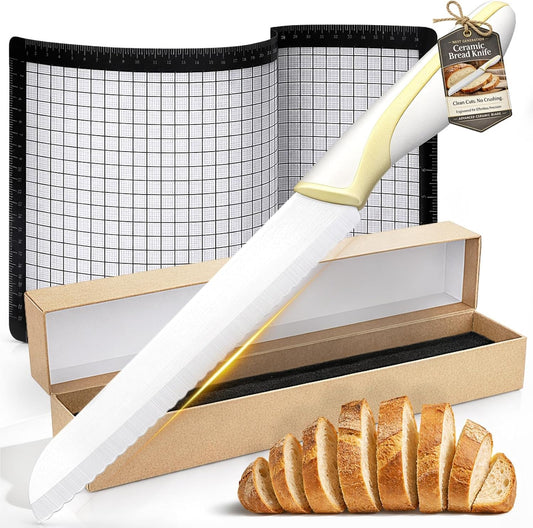 Bread Knife for Homemade Bread, Ceramic Serrated Sourdough Bread Slicer Set with Measuring Baking Mat & Cover, 7.6” Precision Cutting Knife for Artisan Loaves & Baking