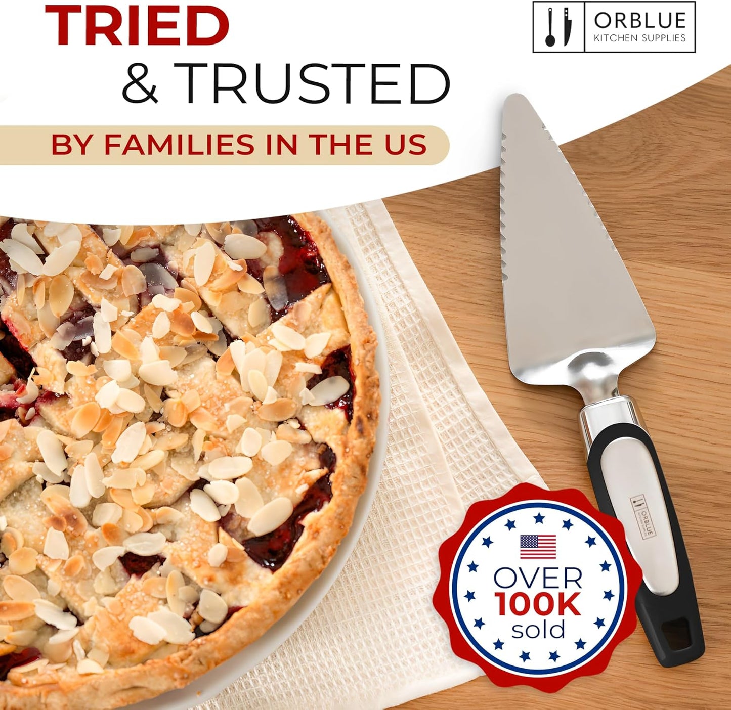 Orblue Pie Server, Essential Kitchen Tool, Serrated on Both Sides, Great for Right or Left Handed Chef, Stainless Steel Flatware , Cake Cutter,White