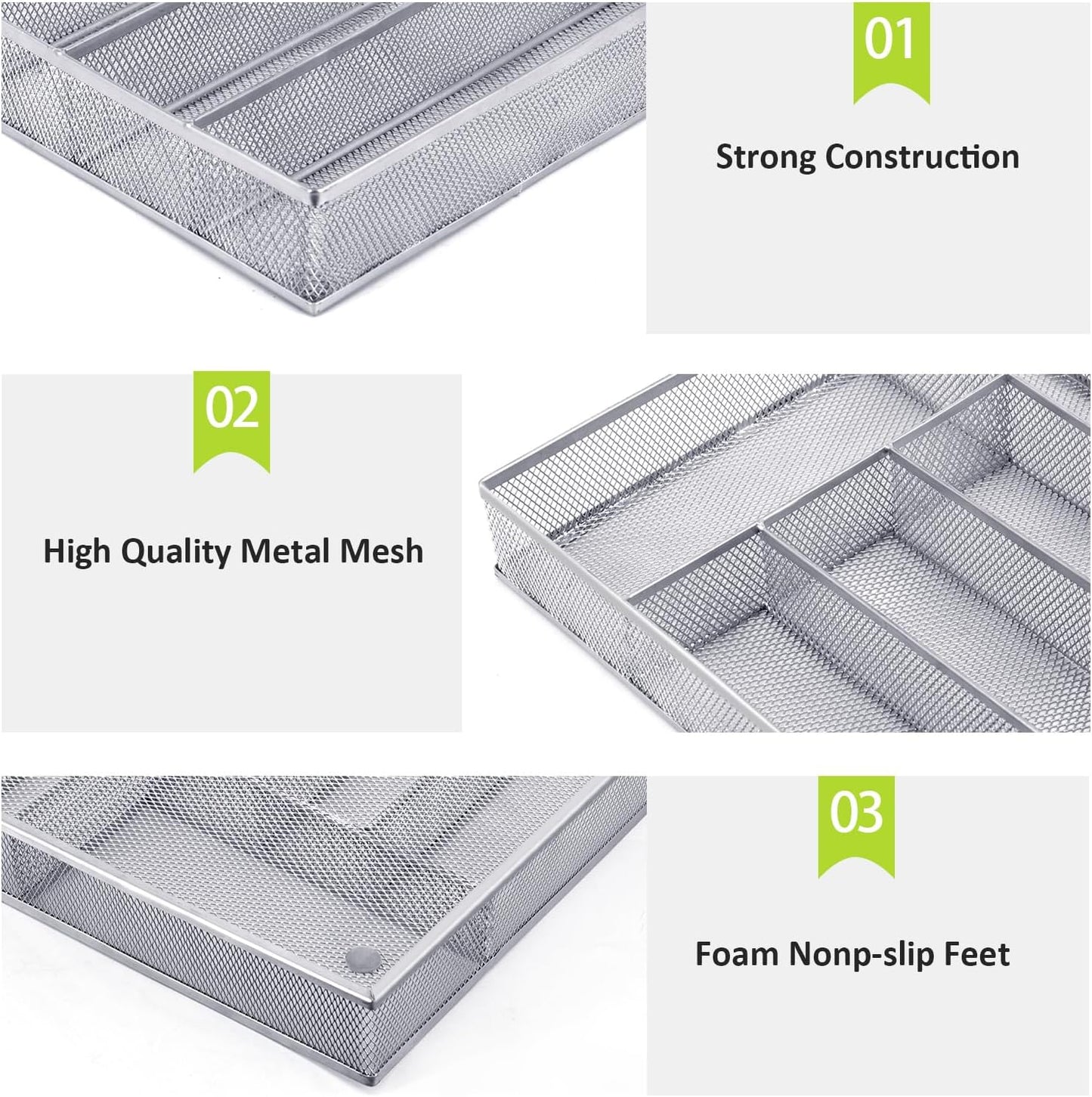 Neudeco Silverware Organizer,Mesh Drawer Organizer for Kitchen，Metal Utensil Organizer for Flatware, Knives, Spoons,Cosmetic (Silver 9 * 3 * 2 inch Pack6)