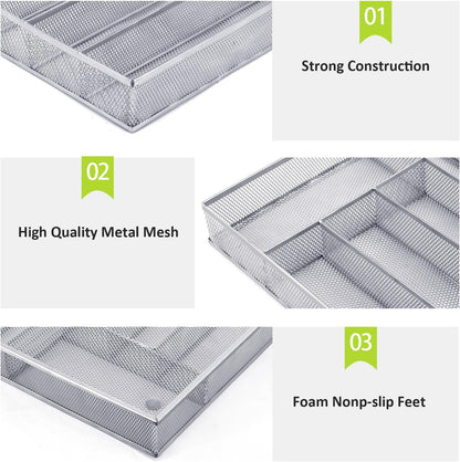 Neudeco Silverware Organizer,Mesh Drawer Organizer for Kitchen，Metal Utensil Organizer for Flatware, Knives, Spoons,Cosmetic (Silver 9 * 3 * 2 inch Pack6)