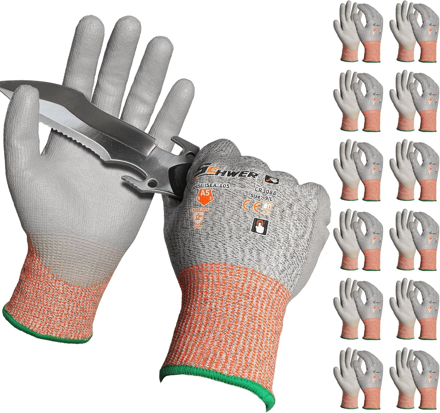 Schwer 12 Pairs ANSI A5 Cut Resistant Work Gloves, Cut Proof Gloves with PU Coating, Used for Metal Fabrication, WoodWorking, Construction, Non Slip, Durable, Non PFAS, L, CR3088