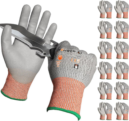 Schwer 12 Pairs ANSI A5 Cut Resistant Work Gloves, Cut Proof Gloves with PU Coating, Used for Metal Fabrication, WoodWorking, Construction, Non Slip, Durable, Non PFAS, L, CR3088