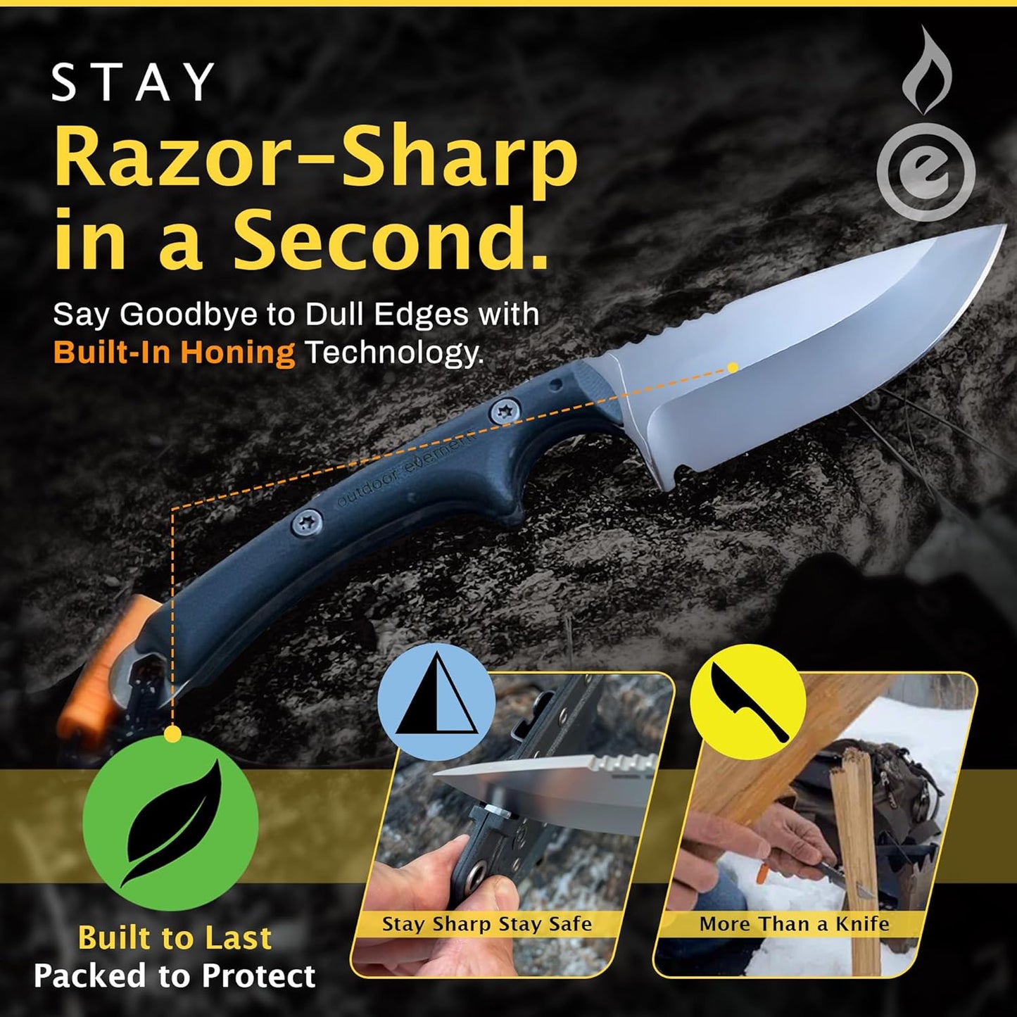 Scout Feather Glow - Fixed Blade Survival Knife with built-in Firestarter for Camping, Hunting, Outdoor Adventure and Culinary Need - VG10 Blade, Whistle, Knife Sharpener, Compact Sheath & G10 Handle