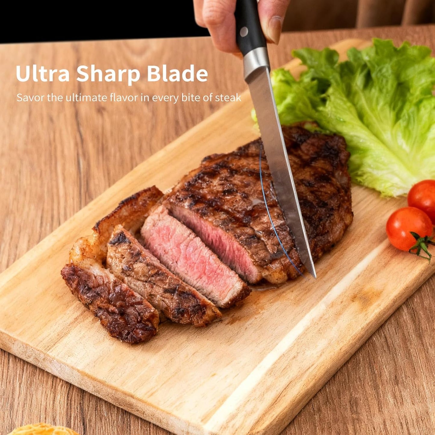 4.5 Inch Steak Knife Set of 4, Knives Set for Kitchen, Paring Knife, Stainless Steel Serrated Knife, Lacquered Wood, Black