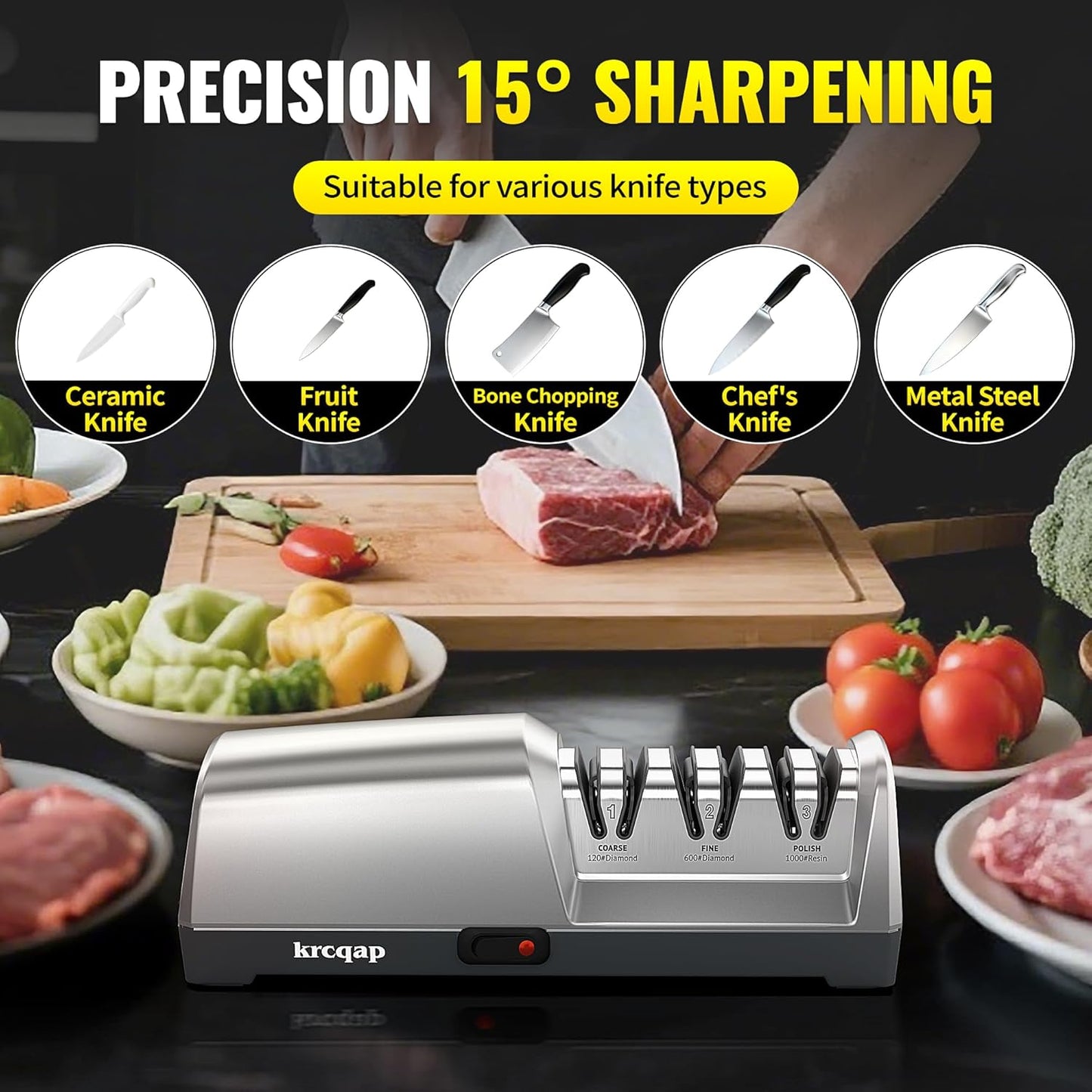 Electric Knife Sharpener for Kitchen Knives, Professional 3-Stages with 100% Diamond Abrasive, 15-Degree EdgeSelect Angle & Fast Sharpening, Repair, Restore, Polish
