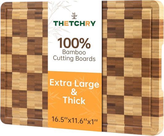 Bamboo Cutting Boards for Kitchen, End Grain Wood Cutting Board with Juice Grooves & Handles, Charcuterie Checkered Chopping Board Thick Butcher Block Serving Tray with Gift Box, 16.5"×11.6"× 1"