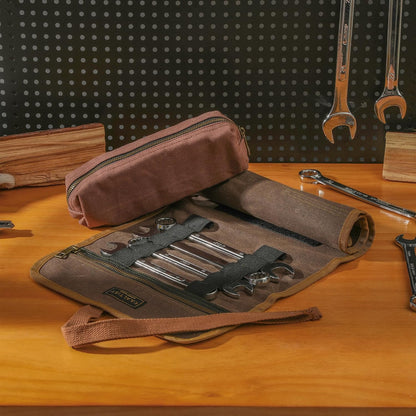 16OZ Waxed Canvas Tool Roll Bag, Heavy Duty Tool Storage Roll Bag with 7 Tool Slots & 1 Detachable Pouch, Khaki Tool Organizer for Wrenches and Tools (23.5"L x 9.5"W)
